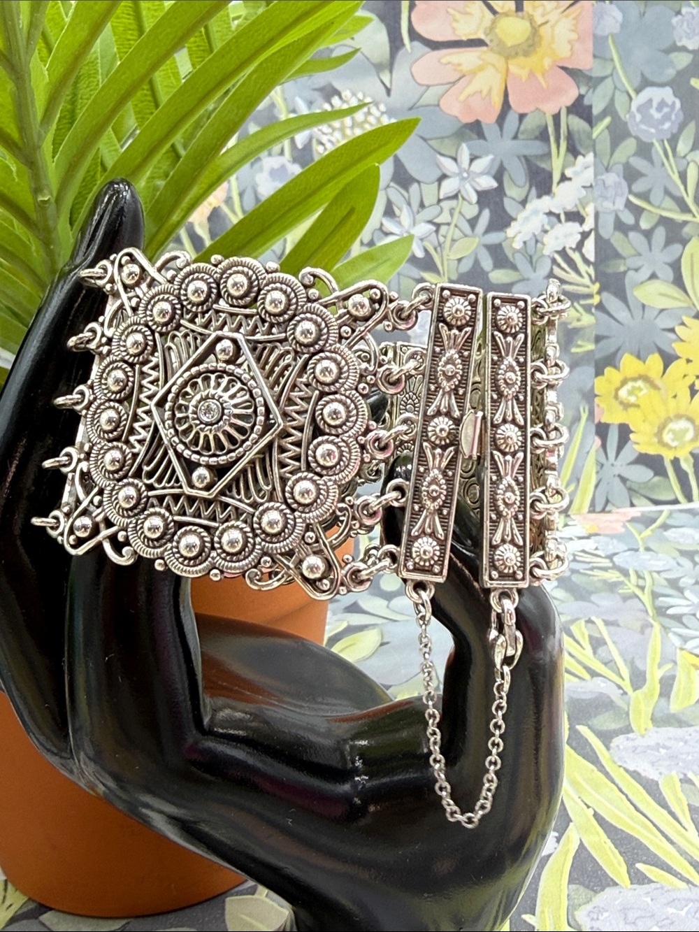 Vintage Brighton Silver Plated Wide Filigree Hinged Panel Cuff Bracelet